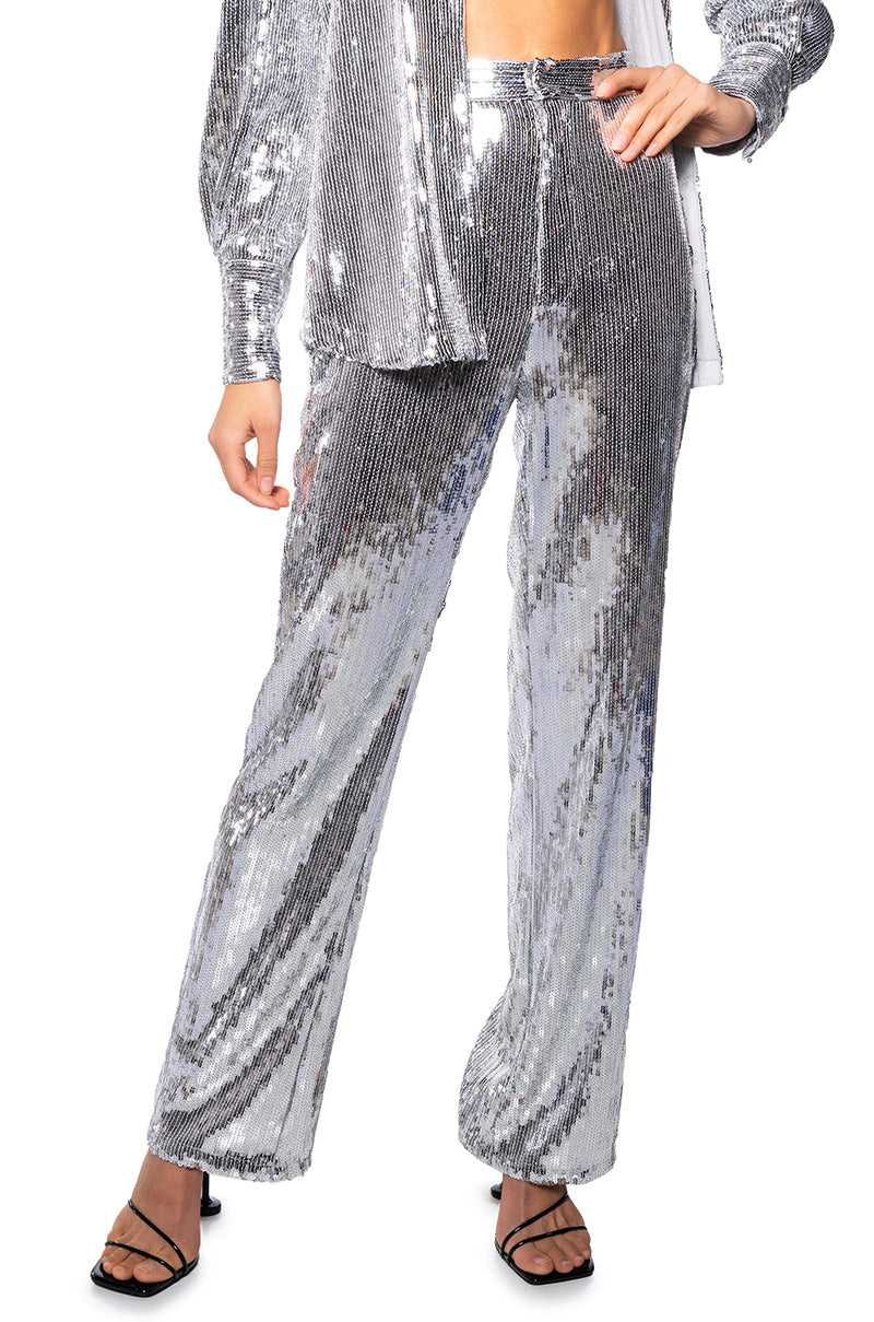 DISCO FEVER SEQUIN EMBELLISHED HIGH WAIST FLARE PANT IN SILVER