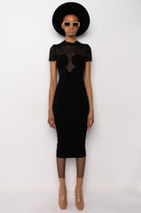 MESH LONG SLEEVE RIBBED MIDI DRESS