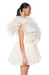 EVER AFTER RUFFLE SLEEVE PLEATED A LINE MINI DRESS IN IVORY