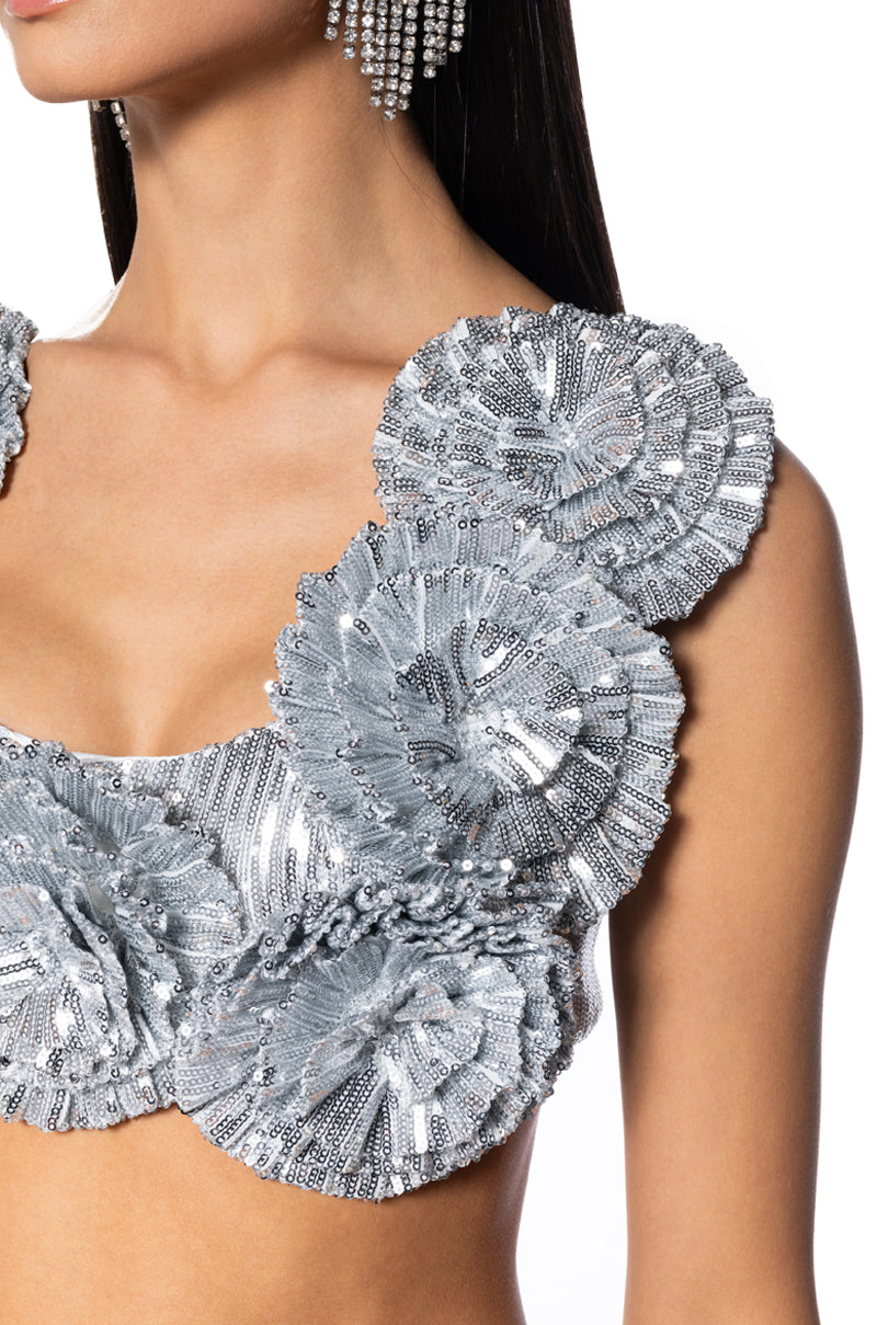 EVERY ROSE SEQUIN CROP TOP IN SILVER