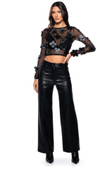 FAUX LEATHER FLOWER DETAIL LONG SLEEVE MESH TOP