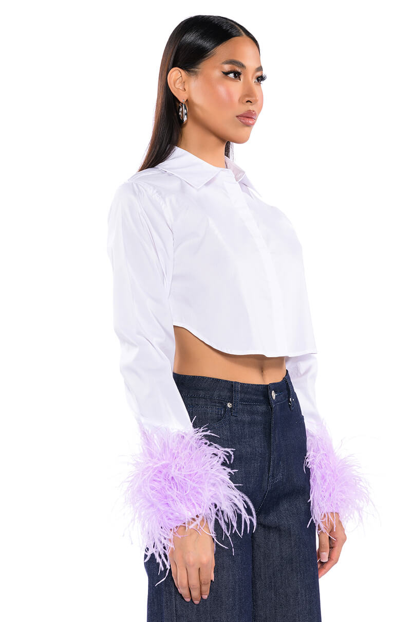 FEATHERS ON MY MIND CROPPED POPLIN SHIRT WITH FEATHERS