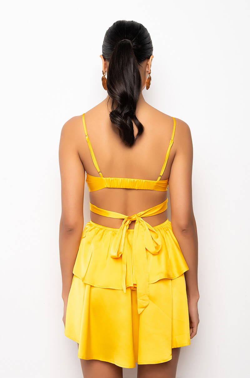 FLIRTY TIE FRONT SATIN MINI DRESS