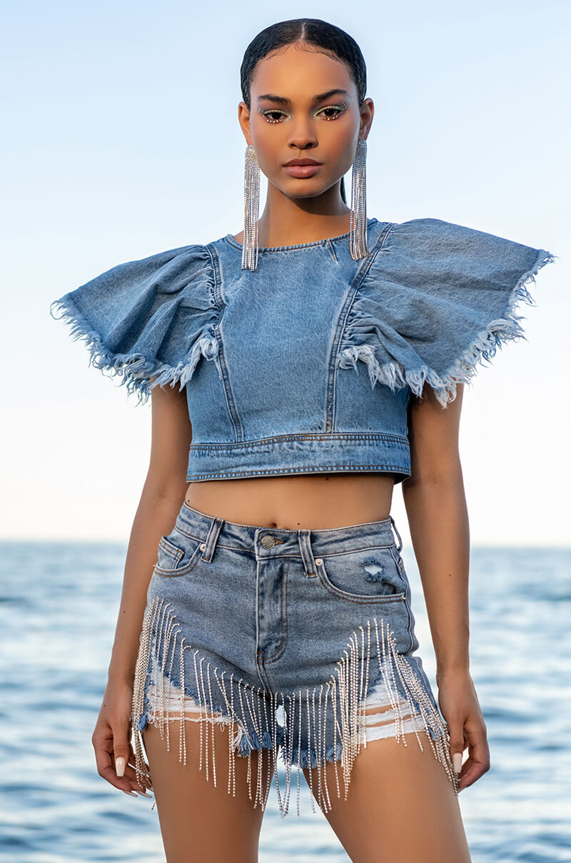 FRESH OUT THE RUNWAY RHINESTONE DENIM SHORT