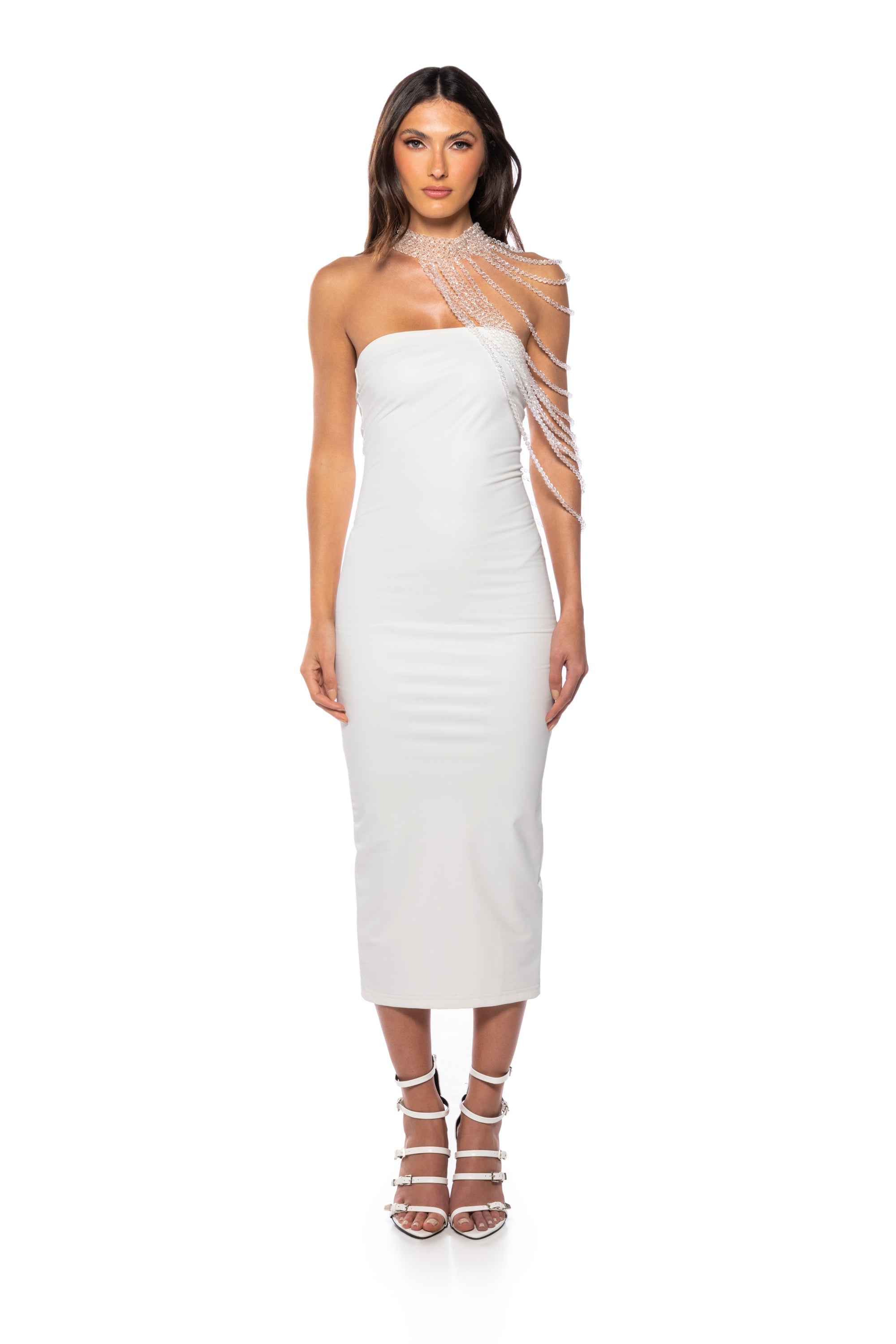 FRONT ROW BODYCON STRAPLESS MAXI DRESS IN WHITE