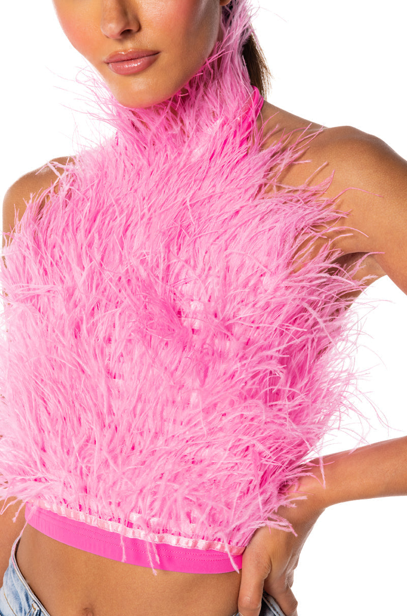 GENUINE OSTRICH FEATHER SLEEVELESS CROPPED HALTER BLOUSE