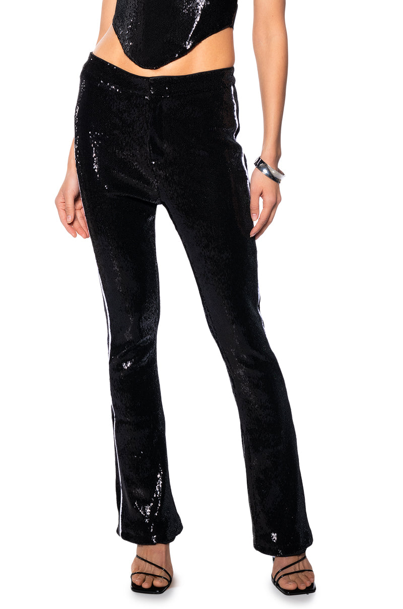 GET DOWN ON IT SEQUIN FLARE TROUSER IN BLACK