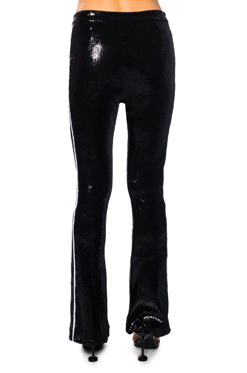 GET DOWN ON IT SEQUIN FLARE TROUSER IN BLACK