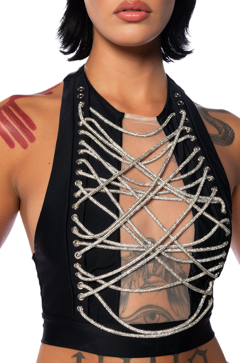 GIMME MORE EMBELLISHED HALTER NECK TOP
