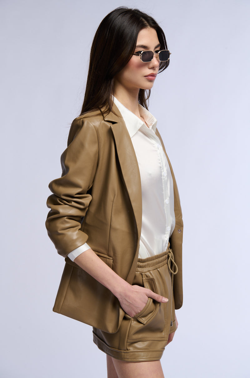 GIRL BOSS SOFT FAUX LEATHER BLAZER IN BROWN