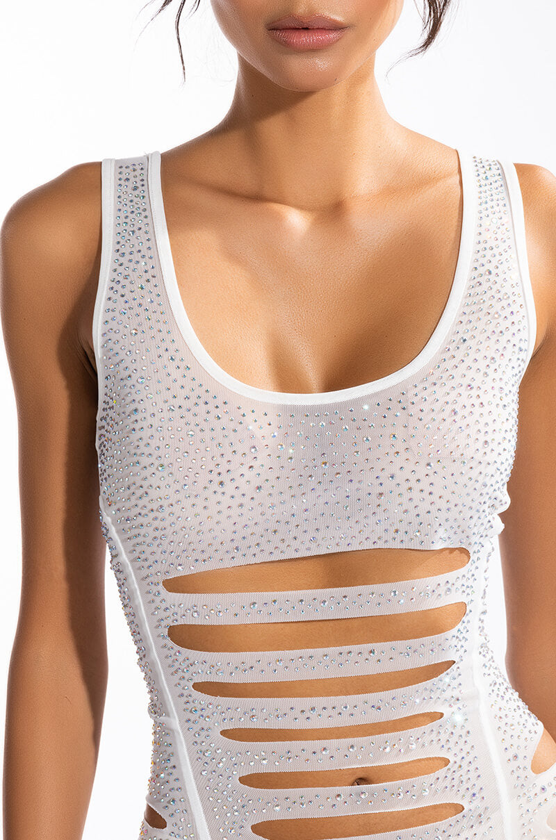 GIRLS JUST WANT TO HAVE FUN MINI RHINESTONE DRESS