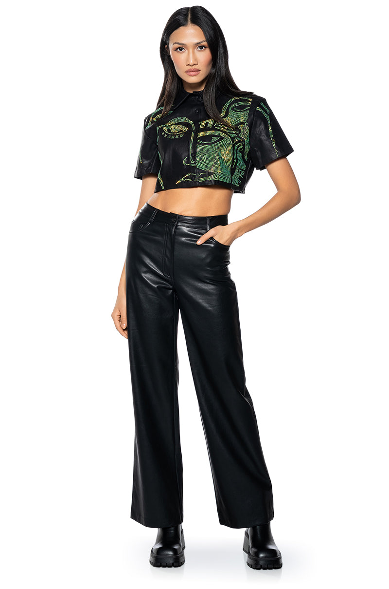GIVING FACE CROPPED FAUX LEATHER BUTTON DOWN TOP