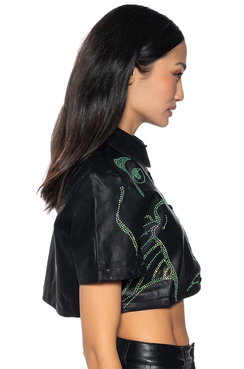 GIVING FACE CROPPED FAUX LEATHER BUTTON DOWN TOP