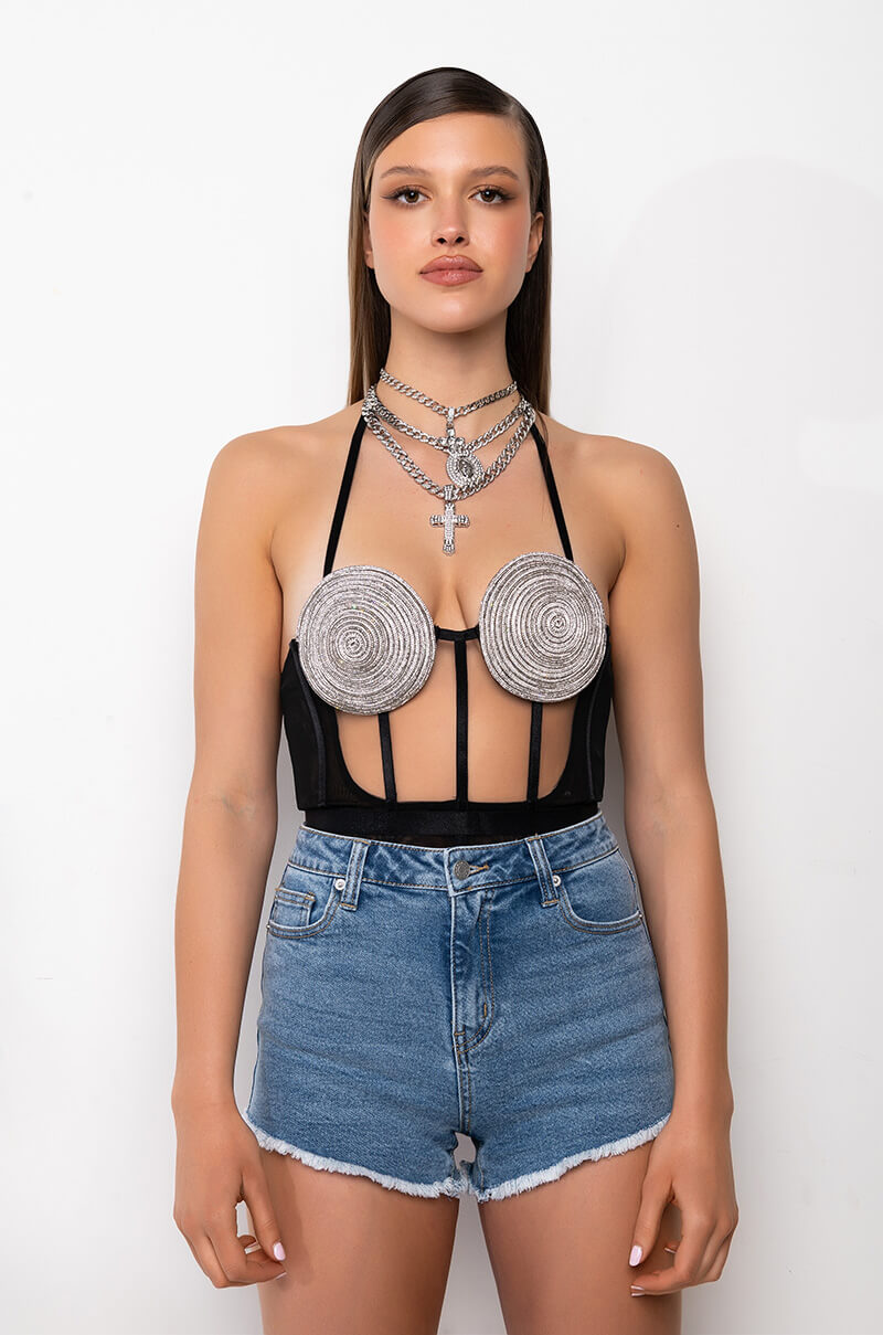 GLITCH IN THE MATRIX RHINESTONE MESH HALTER BODYSUIT