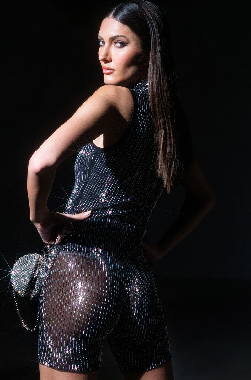GLITZ SLEEVELESS MESH TOP IN BLACK