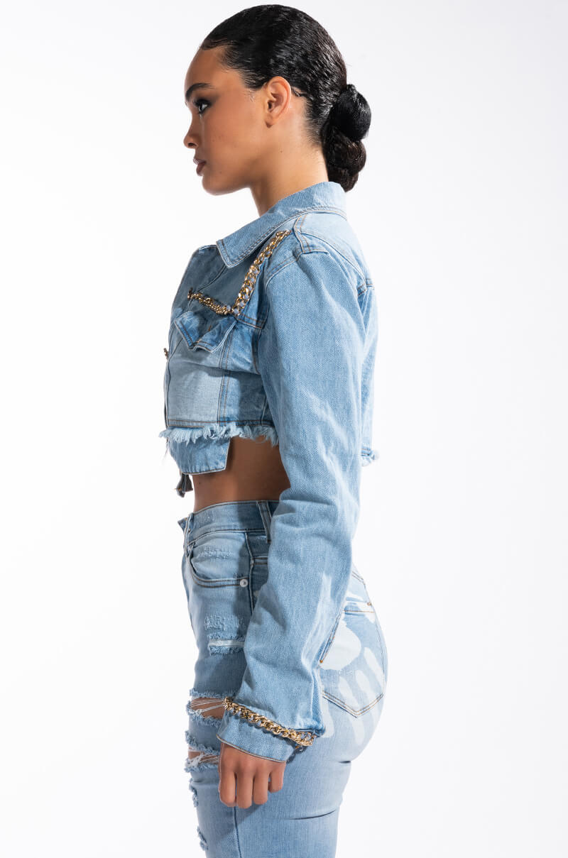 GOLD CHAIN HEM CROP DENIM JACKET