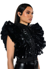 GREATEST SHOW RUFFLE BUTTON DOWN BLOUSE