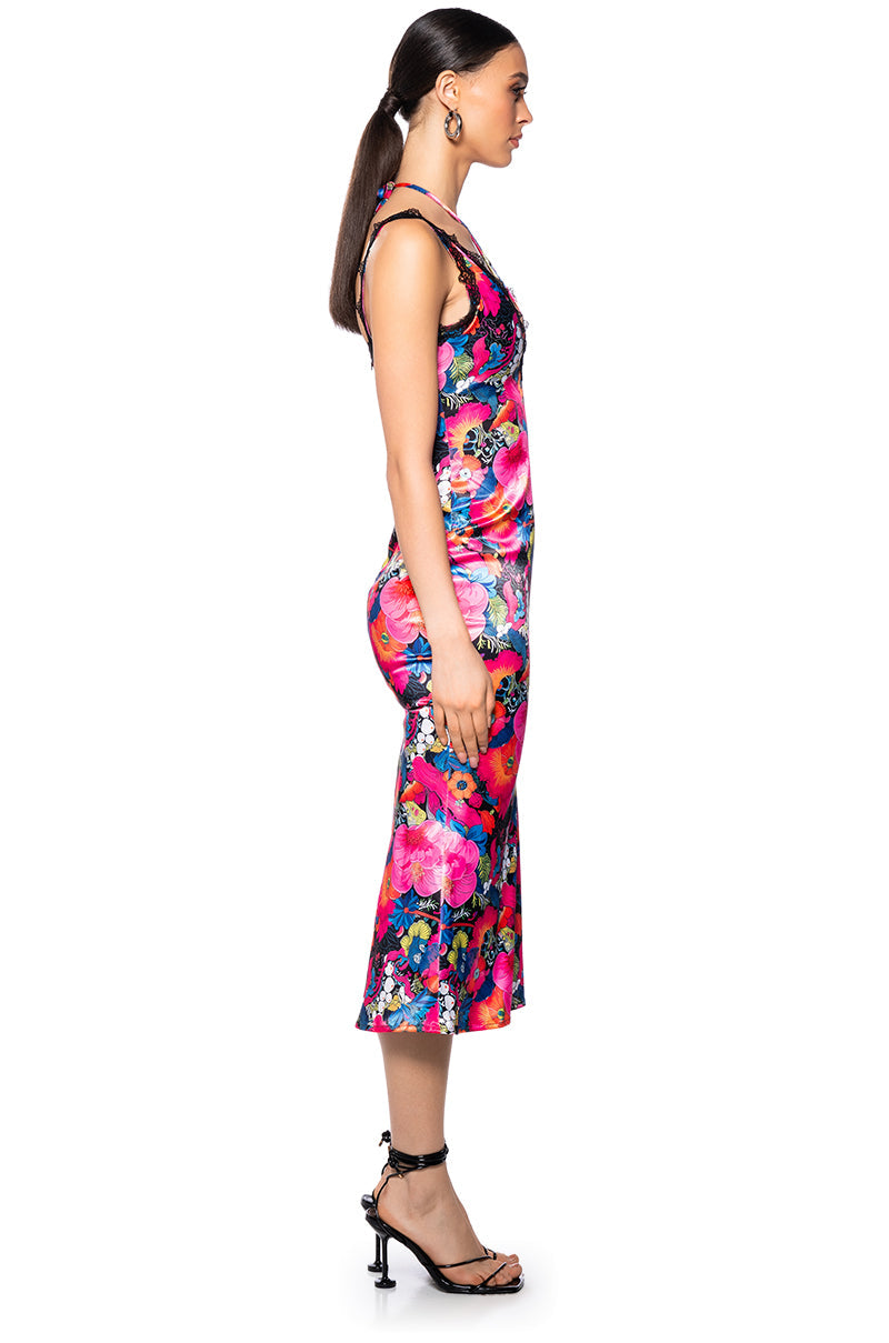 GROOVY BABY PRINTED SATIN MIDI DRESS