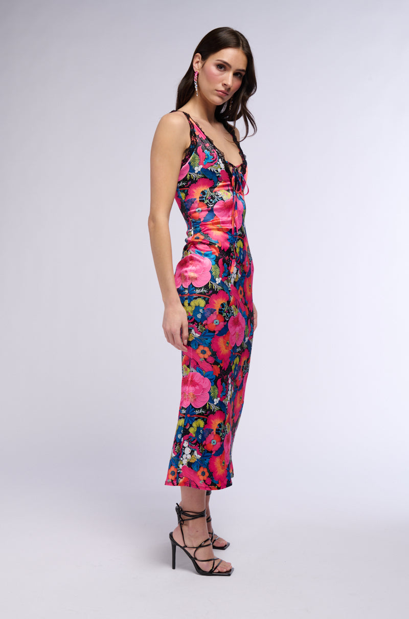 GROOVY BABY PRINTED SATIN MIDI DRESS