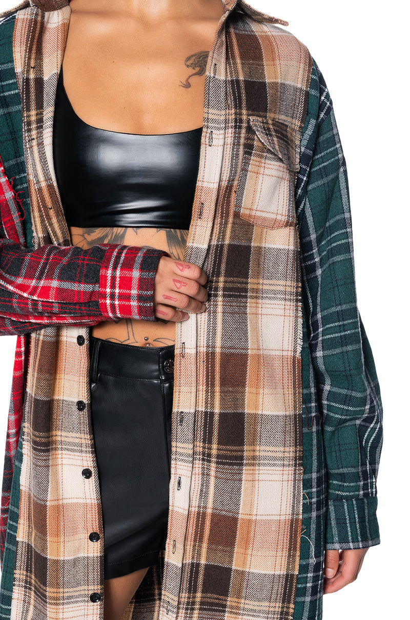 GRUNGE GIRL MIXED PATCHWORK OVERSIZED LONG PLAID TOP