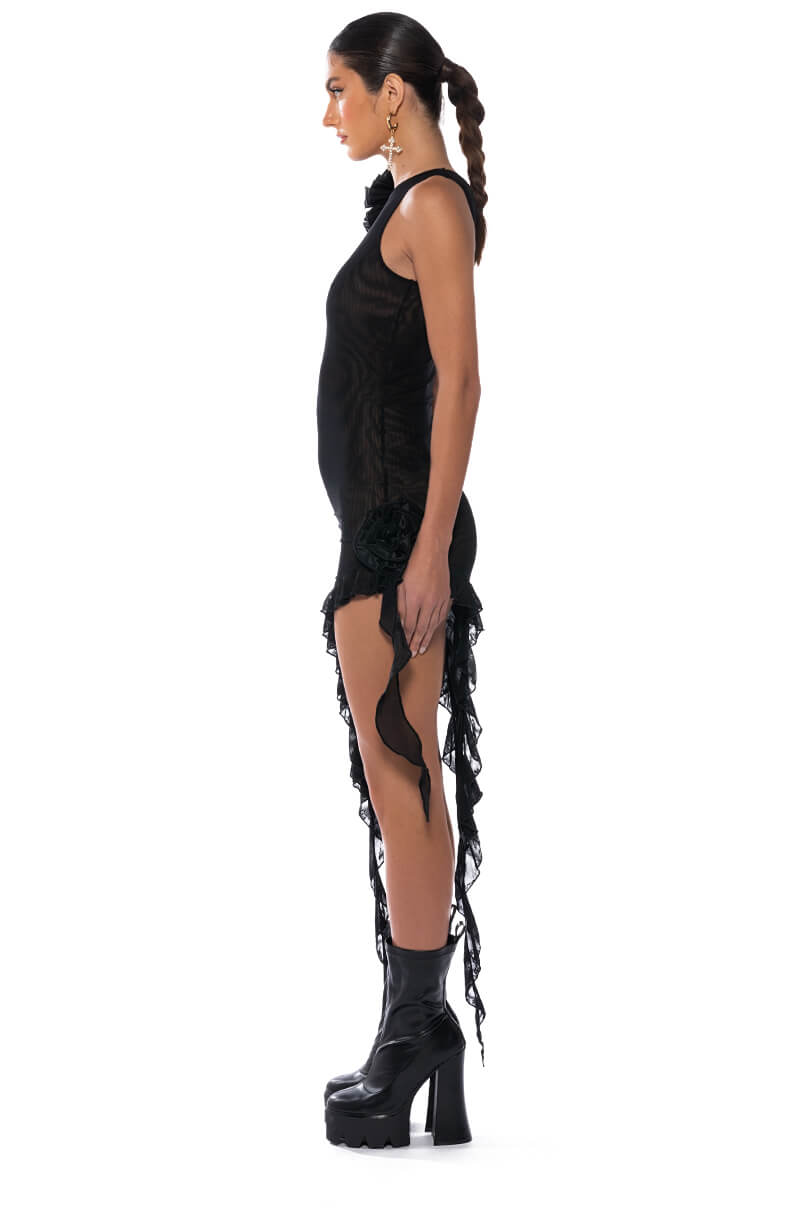 HAILEY SLEEVELESS ASYMMETRICAL RUFFLE MESH MIDI DRESS