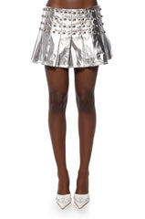 HELENA STUDDED FAUX LEATHER PLEATED SKIRT IN SILVER