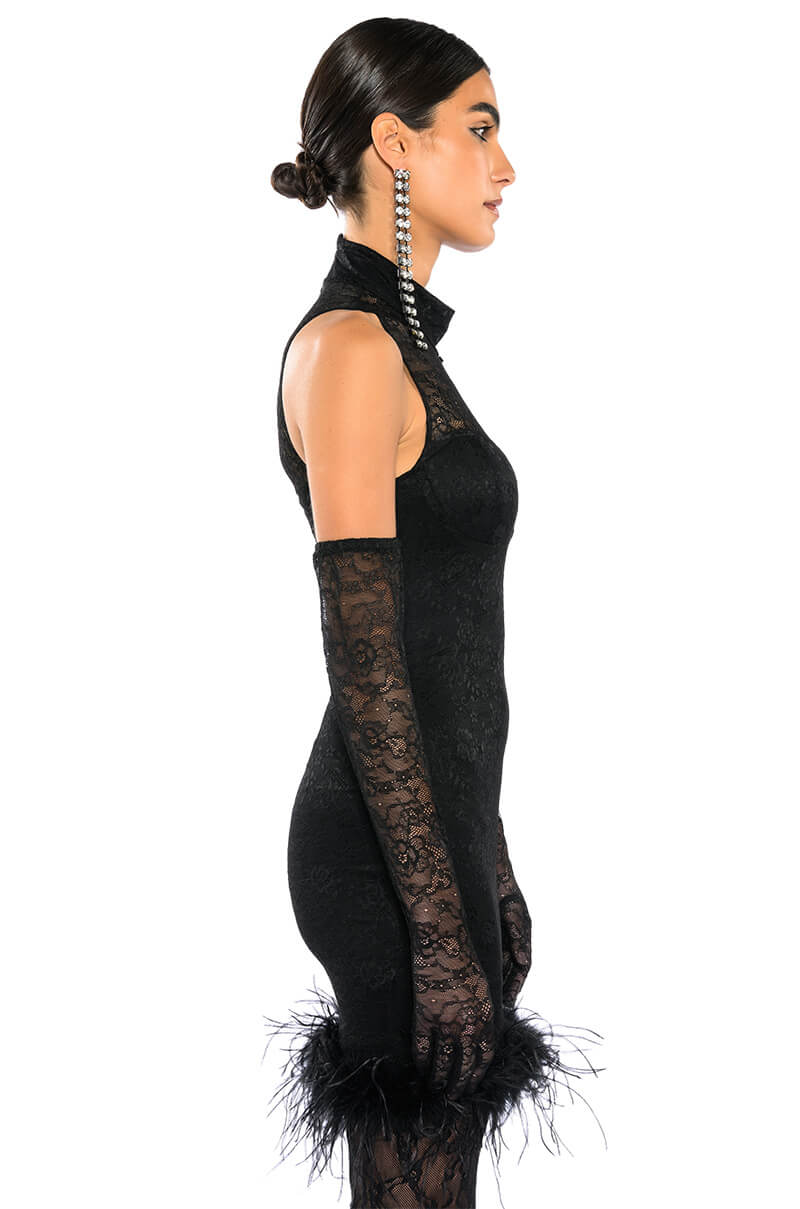 HOLLY STRETCH LACE FEATHER TRIM MINI DRESS WITH GLOVES