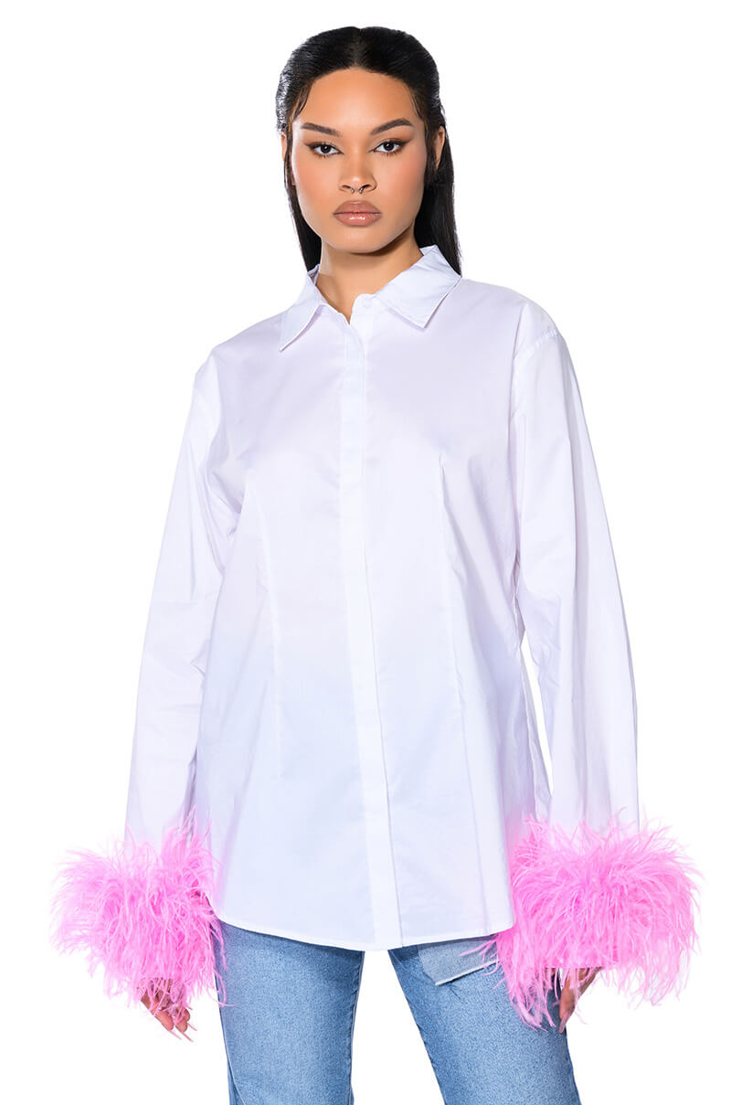 IM A FLIRT OSTRICH FEATHER BUTTON DOWN BLOUSE