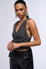 IN THE NAME OF LOVE HOODED RHINESTONE TOP IN BLACK