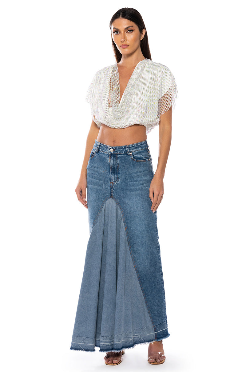 INDIGO DRAPED RHINESTONE MESH BLOUSE