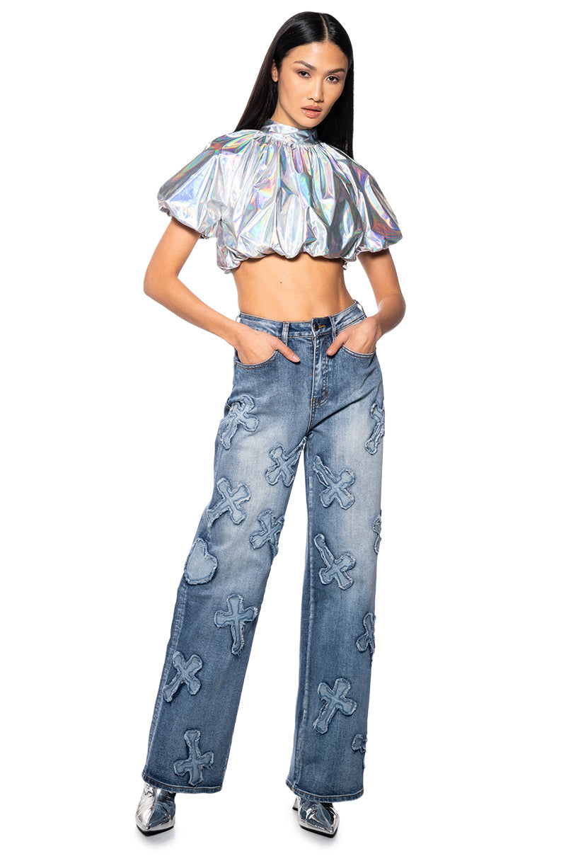 INTERSTELLAR CROPPED METALLIC MOCK NECK TOP