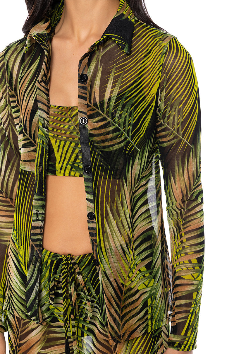 ISLAND ESCAPE MESH BUTTON DOWN TOP