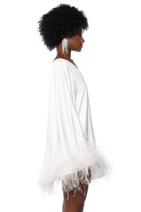 ISNT IT LOVELY ONE SHOULDER FEATHER HEM MINI DRESS IN WHITE