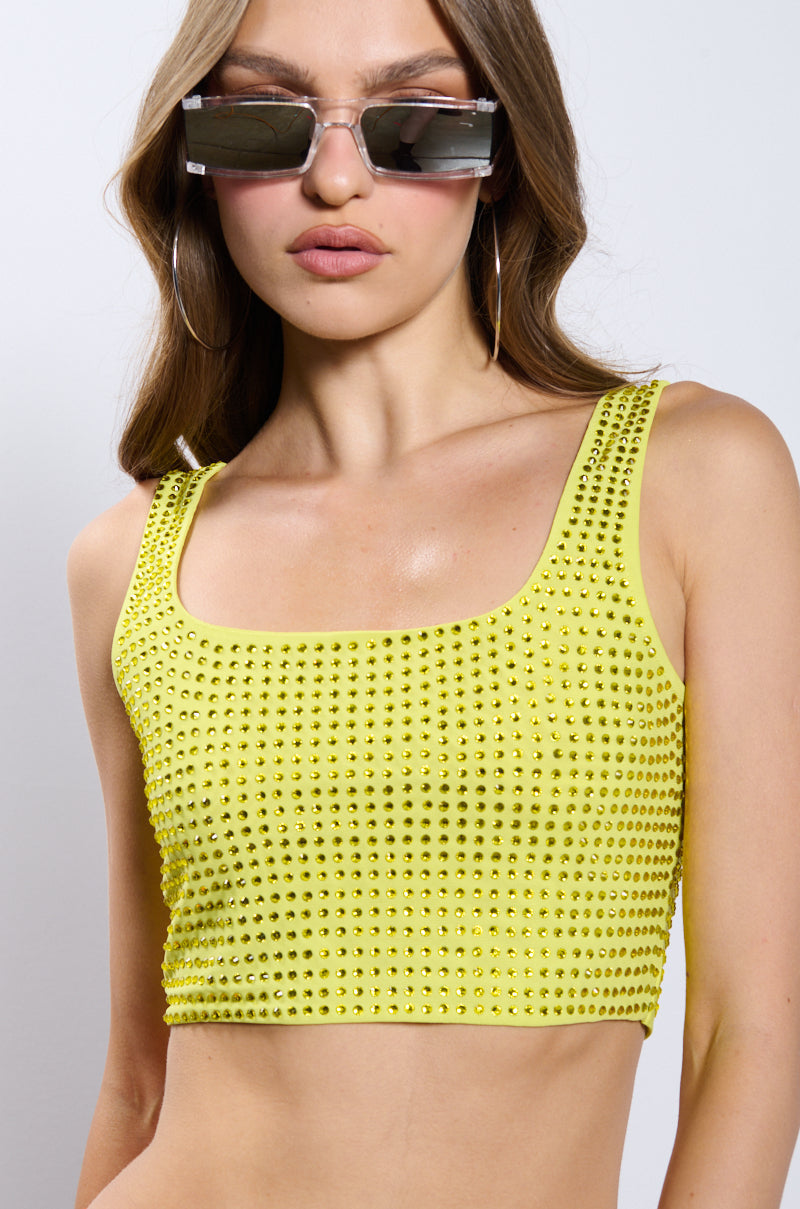 IT GIRL ENERGY RHINESTONE EMBELLISHED CROPPED TANK IN GREEN
