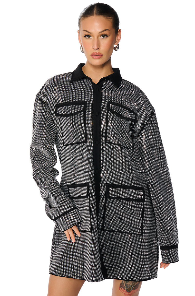 ITS A PARTY EMBELLISHED MINI SHIRT DRESS