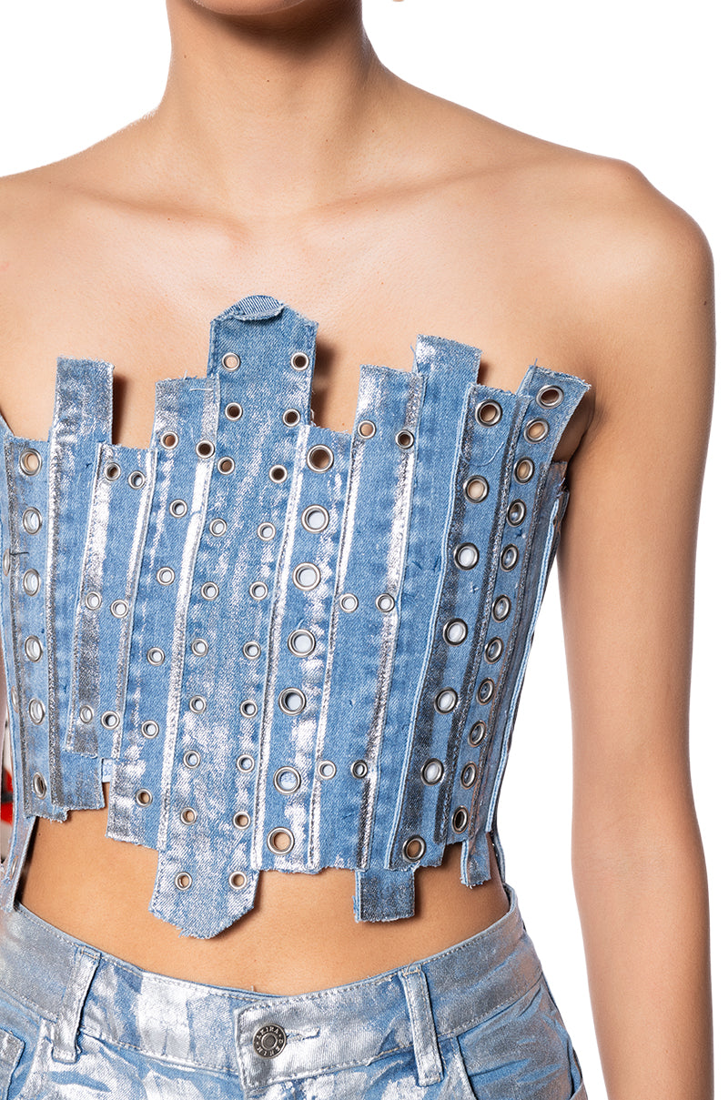 IVY METALLIC DENIM PATCHWORK CORSET