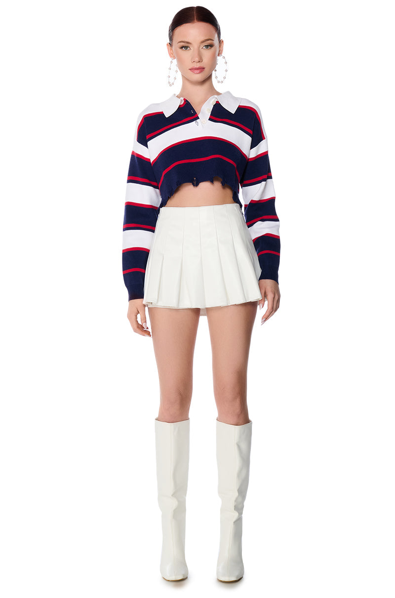 JULIAN DISTRESSED CROPPED BUTTON DOWN SWEATER