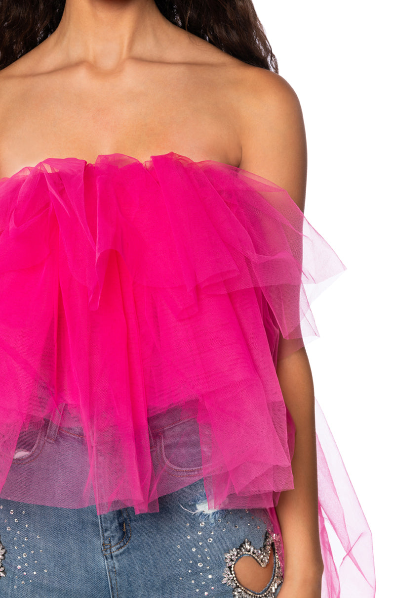 KADEN STRAPLESS HIGH LOW TULLE TOP IN PINK