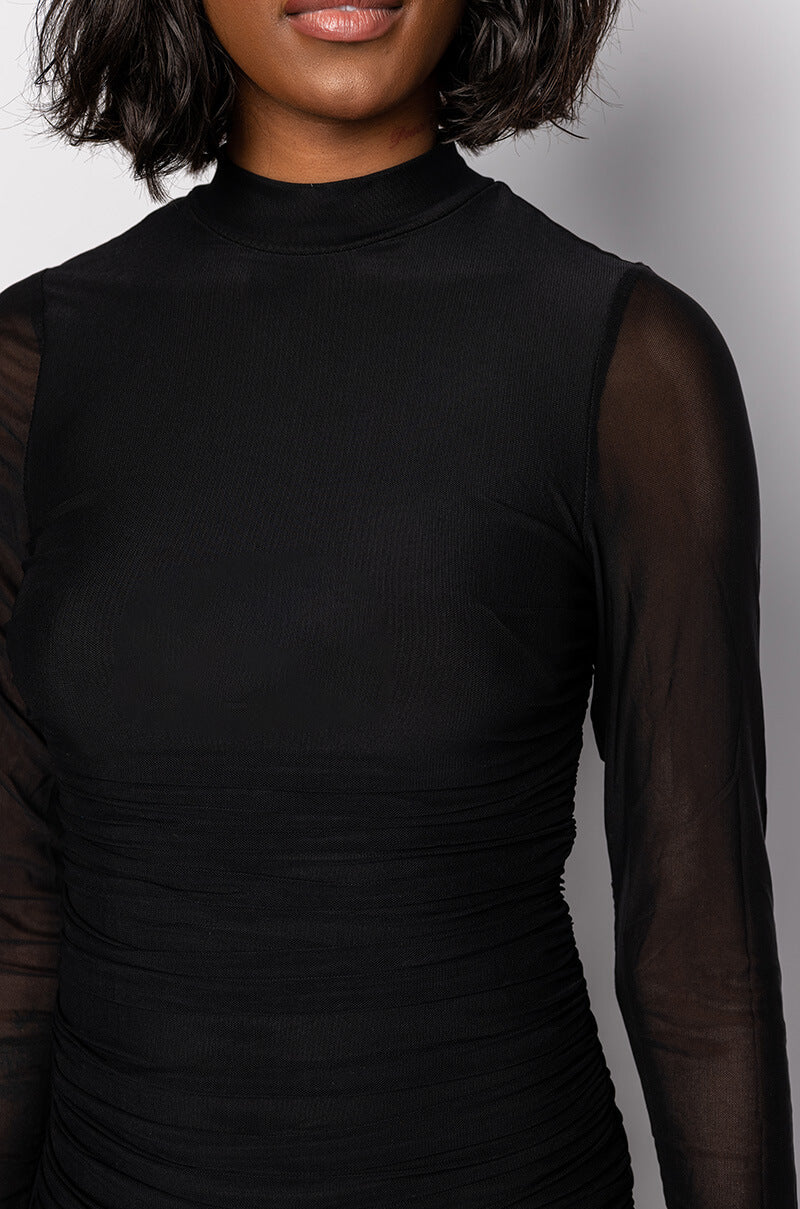 KEEP IT LOW KEY LONG SLEEVE MIDI RUCHED DRESS