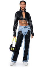 KEEP UP FAUX LEATHER COLLARED CROPPED SHIRT