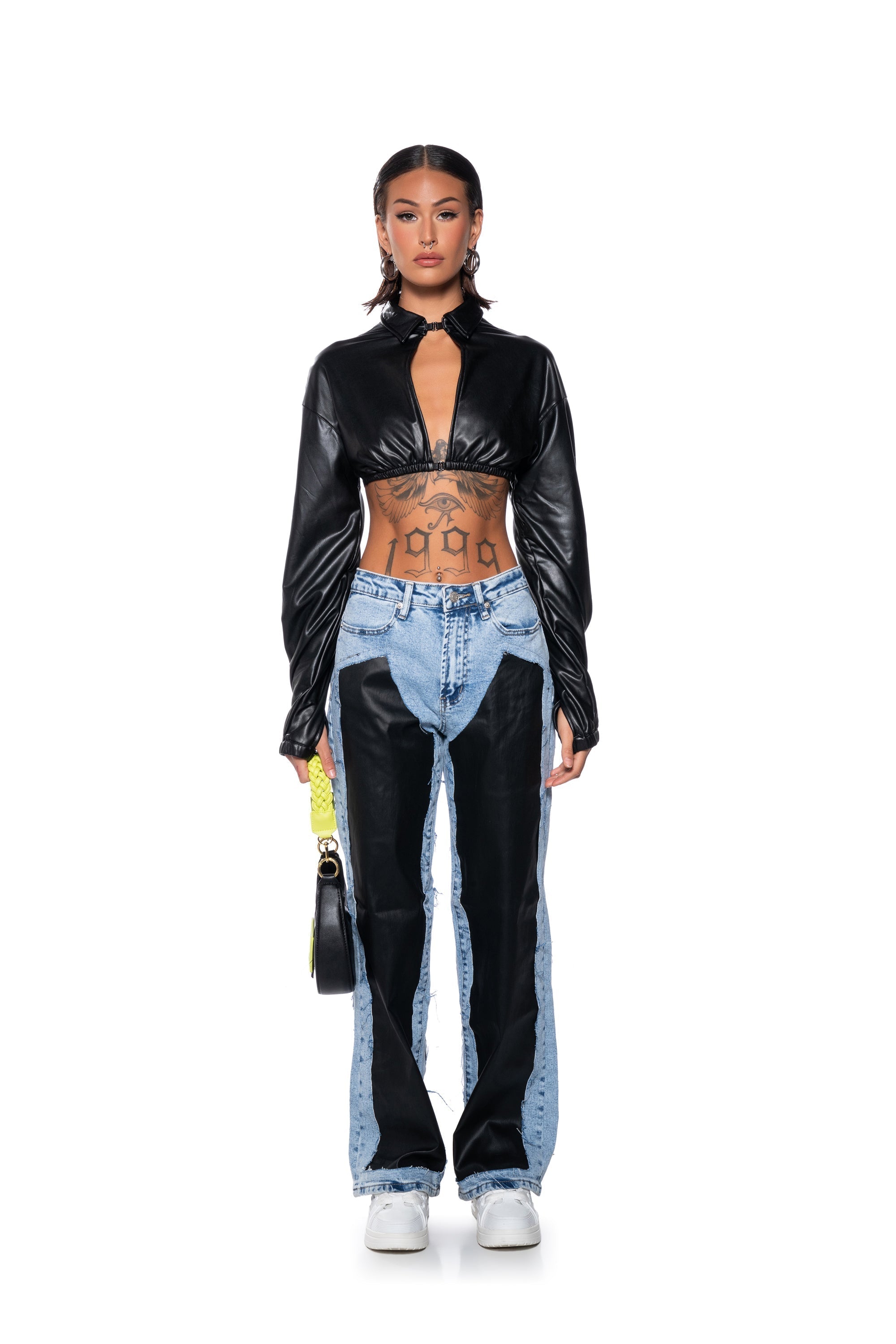 KEEP UP FAUX LEATHER COLLARED CROPPED SHIRT