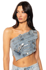 KENLY BUCKLE DETAIL METALLIC DENIM CROP TOP