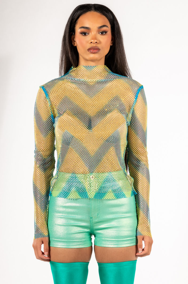 LASTING IMPRESSION LONG SLEEVE MOCK NECK RHINESTONE MESH TOP