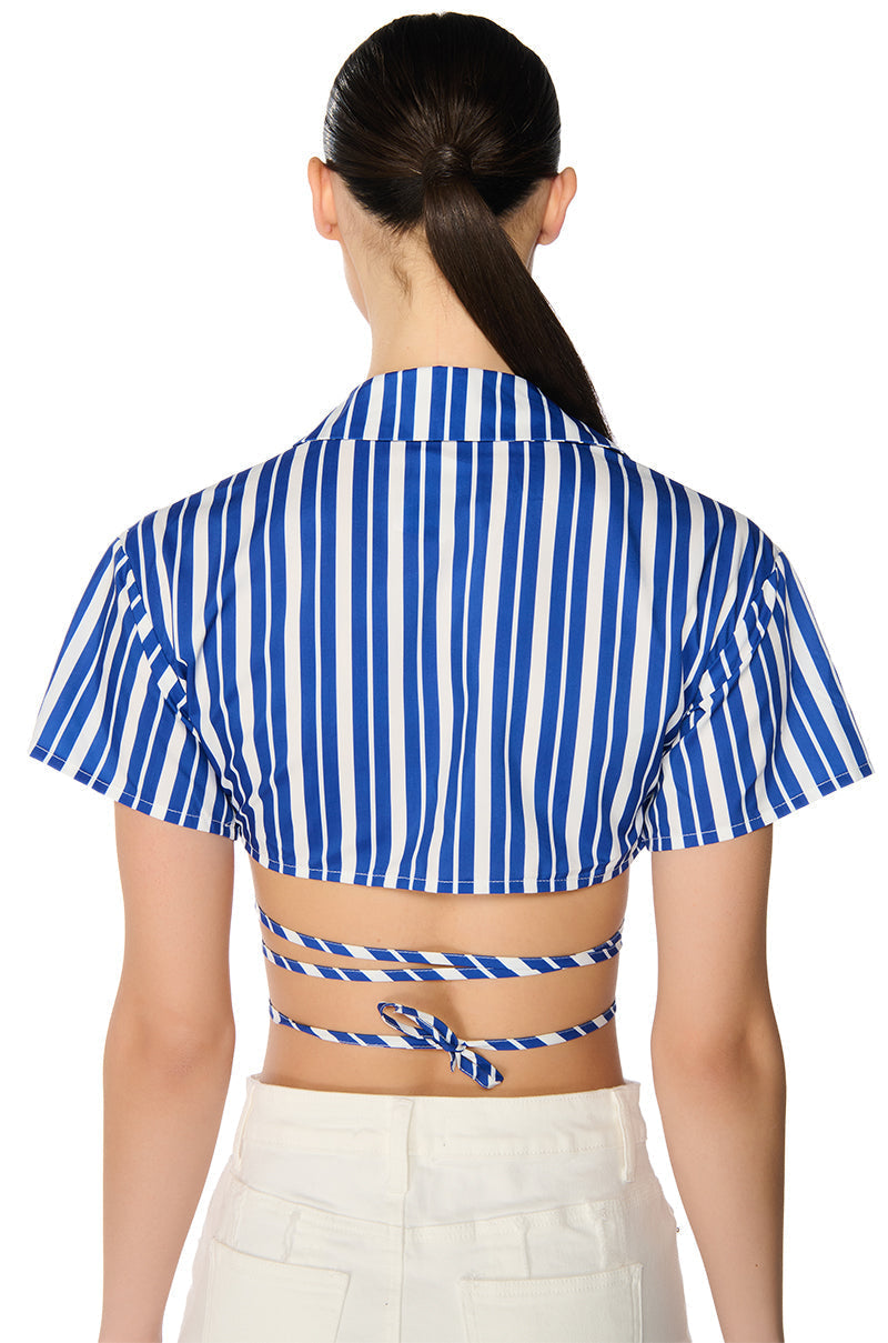 LENI STRIPED EMBELLISHED TIE FRONT BLOUSE