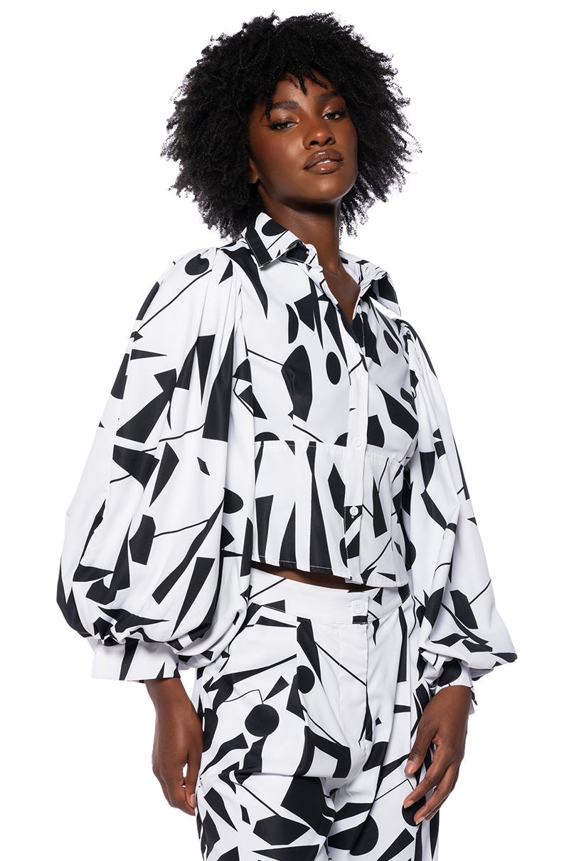 LENNON PRINTED PUFF SLEEVE BUTTON DOWN