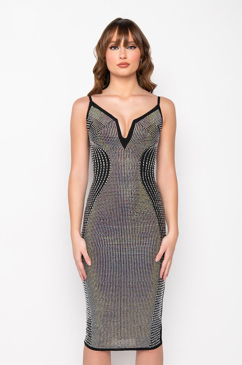 LIVE IT UP IN THIS RHINESTONE MIDI DRESS