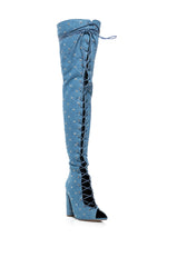 LIVING LEGEND LACE UP OPEN TOE THIGH HIGH BOOT IN DENIM
