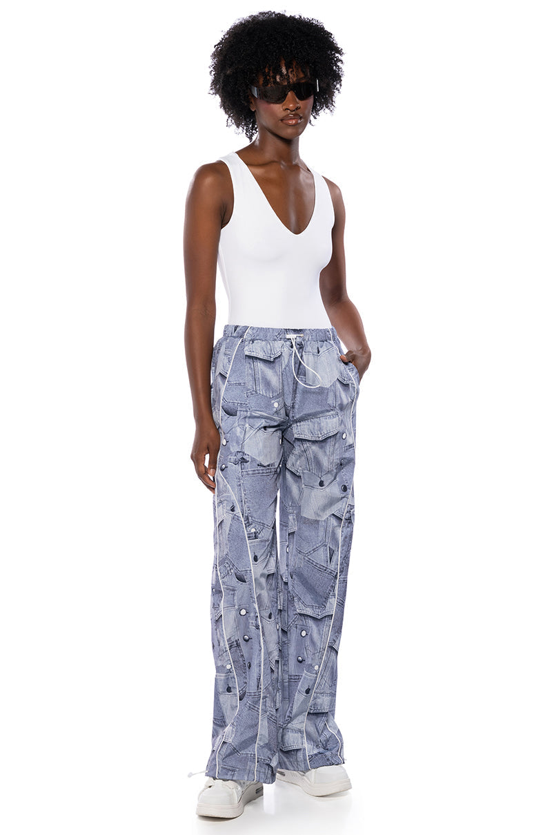 LOOK AGAIN DENIM GRAPHIC PARACHUTE PANT