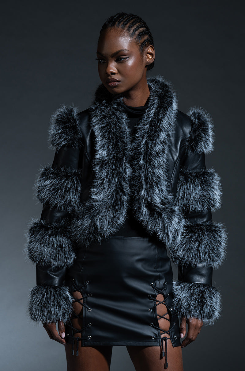 LOVERBOY FAUX FUR MOTO JACKET IN BLACK