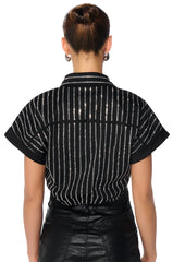 MAFIOSA RHINESTONE STRIPE CROPPED BUTTON DOWN